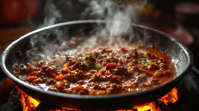 Pakistani Peshawari Karahi Tomato Based Meat Curry sizzling a traditional karahi pan dramatic silhouette lighting with glowing embers and rising steam street side Peshawari eatery ambiance