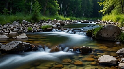 Fototapeta premium The calm flow of water in the mountain forest.