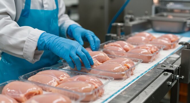 Food Processing Plant Worker Packaging Fresh Chicken Breast Fillet in Plastic Trays on Conveyor Belt