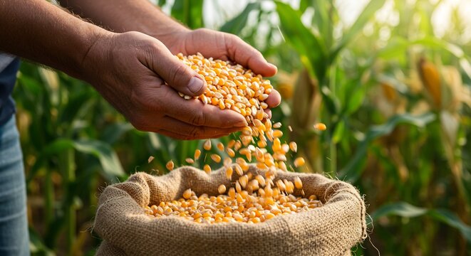 Farmer's Hands Pouring Corn Kernels into a Burlap Sack in a Lush Cornfield