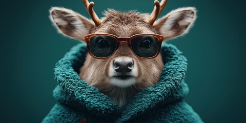 Cool Reindeer Santa Claus Portrait with Sunglasses on Green Background for Merry Christmas Holiday Greeting Card