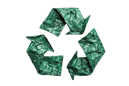 Crumpled green paper recycle symbol isolated on transparent background