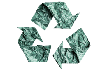 Crumpled green paper recycle symbol isolated on transparent background