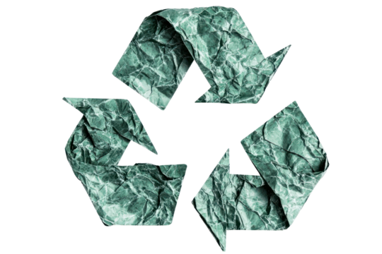 Crumpled green paper recycle symbol isolated on transparent background