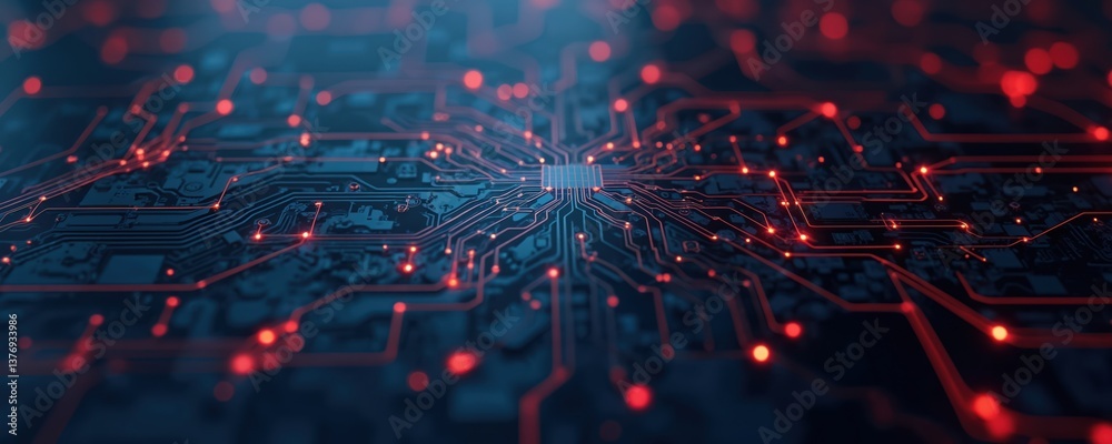 Aufkleber Abstract digital technology circuit board illustration. Computer motherboard texture with red glowing lines and dots. Modern tech background for artificial intelligence, computer tech, data transfer.