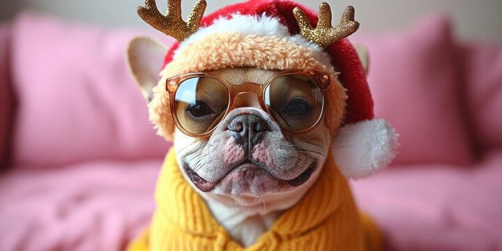 Merry Christmas Greeting Card Cute French Bulldog with Santa Hat Reindeer Antlers and Sunglasses on Pink Background