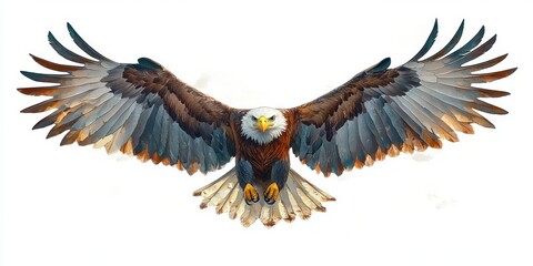 Majestic Eagle in Flight on White Background with Vibrant Feathers