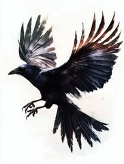 Fierce Black Crow in Flight on White Background