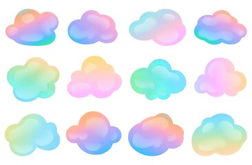 A set of colorful pastel gradient cloud shapes, flat vector graphic design elements on a white