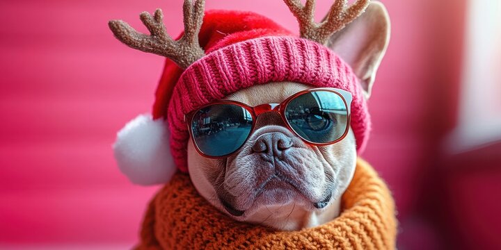 French Bulldog in Reindeer Antlers and Santa Hat Festive Christmas Illustration on Pink Background