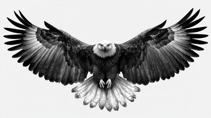 Obraz premium Hyper-Realistic Monochrome Eagle Illustration in Mid-Flight with Intricate Feather Details