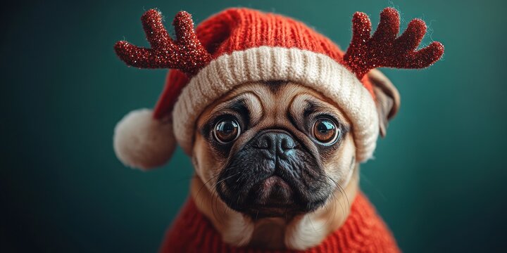 Funny Christmas Holiday Card with Cute Pug in Santa Hat and Reindeer Antlers on Green Background - Powered by Adobe