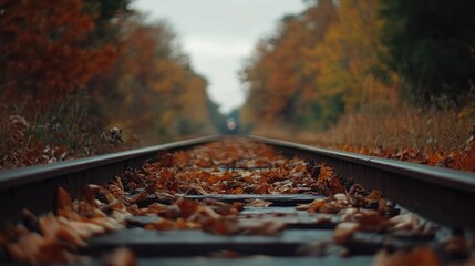 A close-up of train tracks stretching into the distance