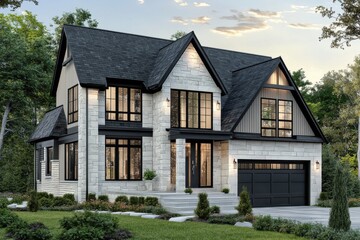 Beautiful modern house designed with elegant stone and wood accents, surrounded by lush greenery in a serene neighborhood during golden hour