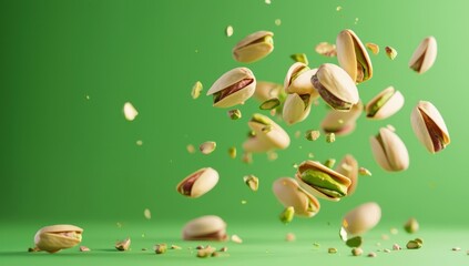 Pistachios scatter in the air for snack advertising, green background
