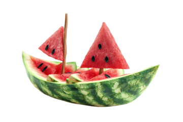 Watermelon boat slice with cut pieces isolated on transparent background
