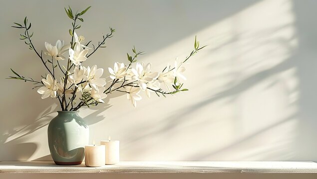 A vase of white flowers and a candle on the table against a light-colored wall with copy space, a