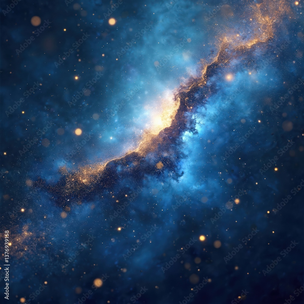 Poster Abstract cosmic nebula background with deep blue and golden glitter. Deep space texture with golden sparkle, bokeh. Ideal for design, wallpaper, overlay, celestial galaxy universe.