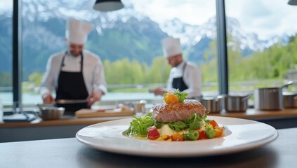 Chefs plating gourmet cuisine in restaurant kitchen with mountain view, culinary art