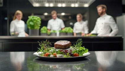 Gourmet dish presented in restaurant with chefs preparing food in background
