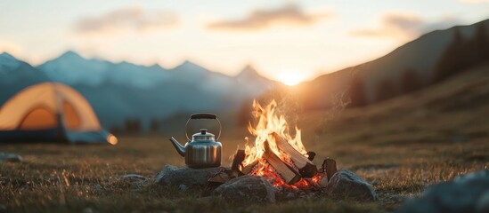 Camping Lighting a fire, brewing tea. Tent is in background. Sunrise