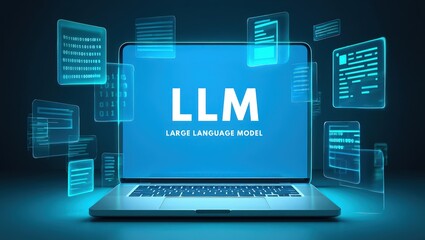 LLM, AI large language model concept, Big data, data transfer, generative ai, natural language generative and data mining. Businessman using laptop with large language model on virtual screen.