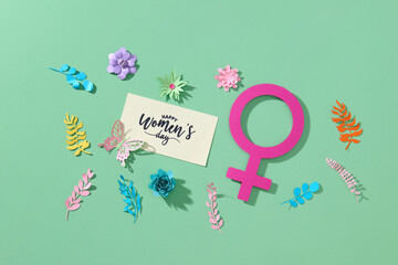 March 8 women's day greeting text with female symbol and paper