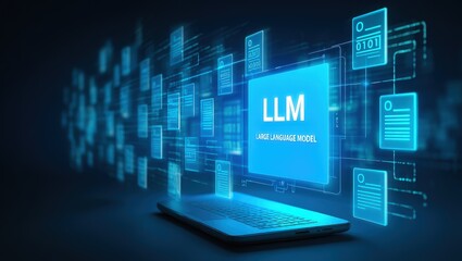 LLM, AI large language model concept, Big data, data transfer, generative ai, natural language generative and data mining. Businessman using laptop with large language model on virtual screen.