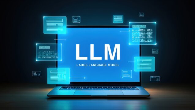 LLM, AI large language model concept, Big data, data transfer, generative ai, natural language generative and data mining. Businessman using laptop with large language model on virtual screen. - Powered by Adobe