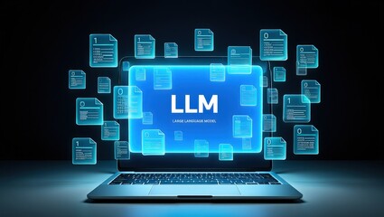 LLM, AI large language model concept, Big data, data transfer, generative ai, natural language generative and data mining. Businessman using laptop with large language model on virtual screen.