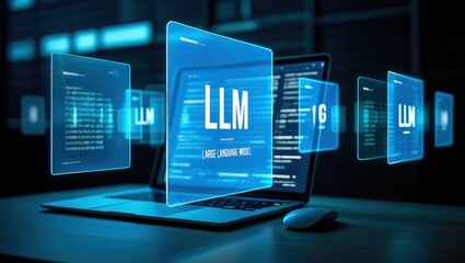 LLM, AI large language model concept, Big data, data transfer, generative ai, natural language generative and data mining. Businessman using laptop with large language model on virtual screen.