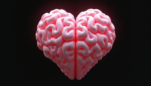 Pink brain-shaped heart on black background. Symbol of intelligence, love, relationships. Creative, modern design for medical, health, psychology, Valentine Day projects. Expresses emotions, concepts