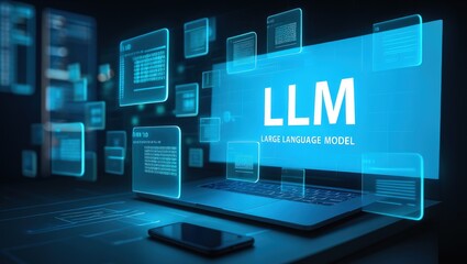 LLM, AI large language model concept, Big data, data transfer, generative ai, natural language generative and data mining. Businessman using laptop with large language model on virtual screen.