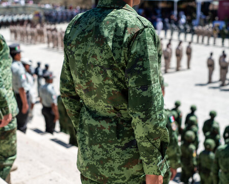 Mexican Army parade with focus on uniform with flag