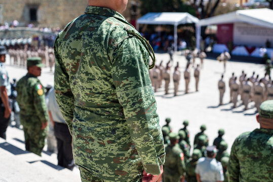 Mexican Soldier standing in parade with camouflage uniform
