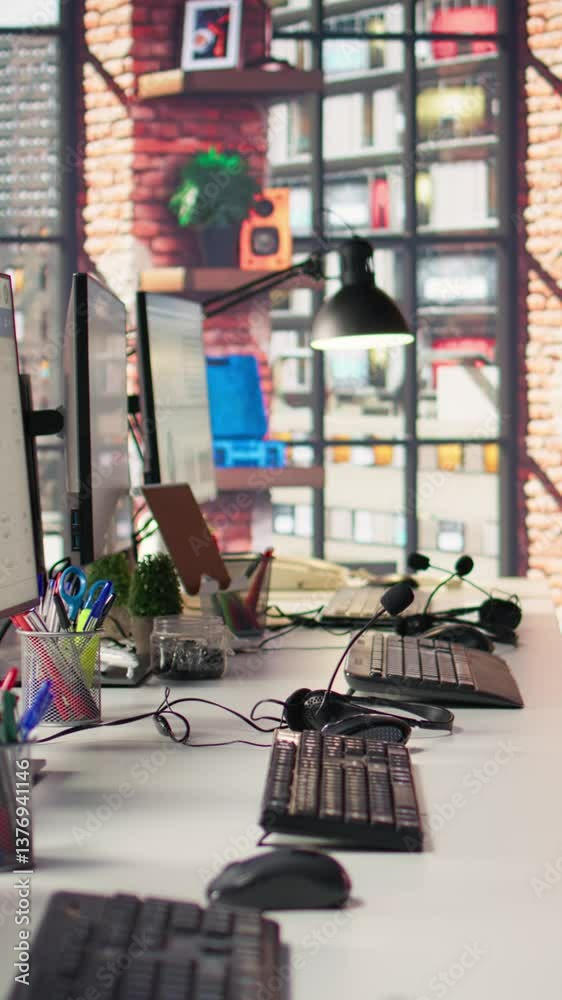 Poster vertical video pc displays in empty office showing analytics dashboards and data graphs. office work