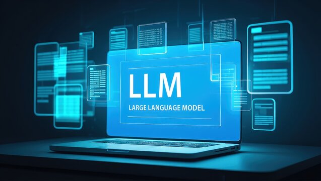 LLM, AI large language model concept, Big data, data transfer, generative ai, natural language generative and data mining. Businessman using laptop with large language model on virtual screen.