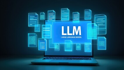 LLM, AI large language model concept, Big data, data transfer, generative ai, natural language generative and data mining. Businessman using laptop with large language model on virtual screen.
