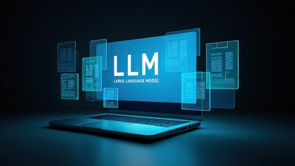 LLM, AI large language model concept, Big data, data transfer, generative ai, natural language generative and data mining. Businessman using laptop with large language model on virtual screen.