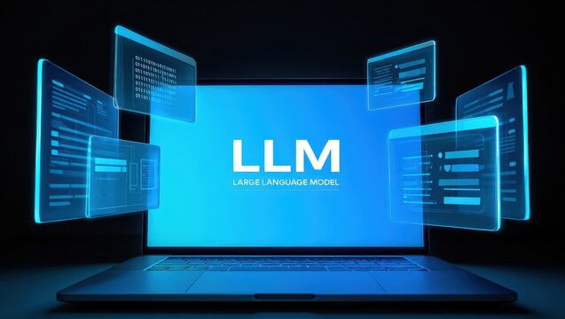 LLM, AI large language model concept, Big data, data transfer, generative ai, natural language generative and data mining. Businessman using laptop with large language model on virtual screen.