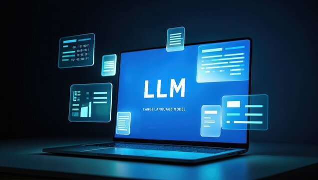 LLM, AI large language model concept, Big data, data transfer, generative ai, natural language generative and data mining. Businessman using laptop with large language model on virtual screen.