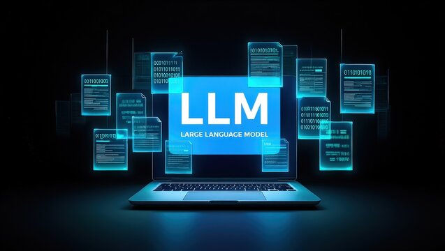 LLM, AI large language model concept, Big data, data transfer, generative ai, natural language generative and data mining. Businessman using laptop with large language model on virtual screen.