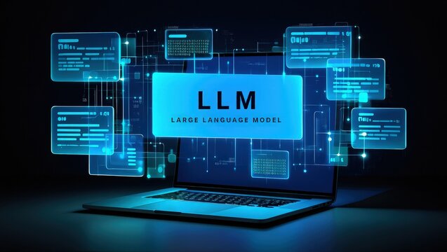 LLM, AI large language model concept, Big data, data transfer, generative ai, natural language generative and data mining. Businessman using laptop with large language model on virtual screen.