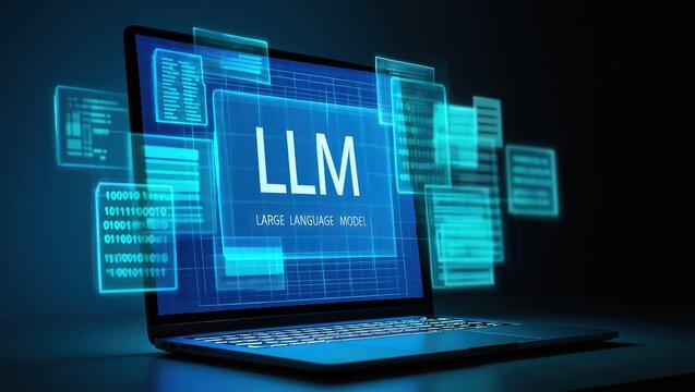 LLM, AI large language model concept, Big data, data transfer, generative ai, natural language generative and data mining. Businessman using laptop with large language model on virtual screen.