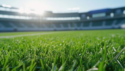 Turf field, sun-drenched empty stadium, perfect for a sports or recreation image