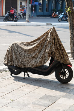 Leopard Print Cover on a Parked Scooter