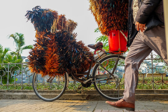 Pedestrian Passing Feather Duster Bicycle Vendor