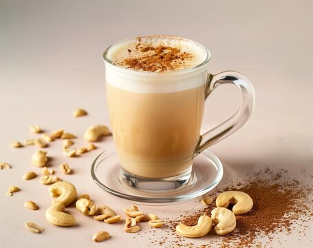 a coffee latte with cashew nuts on the side, food photograph, light background,