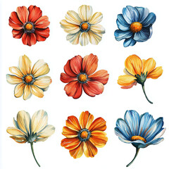 Vibrant floral collection: colorful botanical patterns of red, yellow, and blue flowers for textile design and art concepts; businesses: fabric stores, home decor shops, art studios