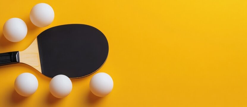 Table Tennis Paddles and Ping Pong Balls on Yellow Background Sports Banner